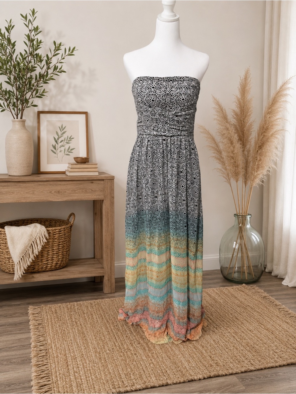Jessica Simpson Black & White Smocked Maxi Dress with Colorful Ombre Detail